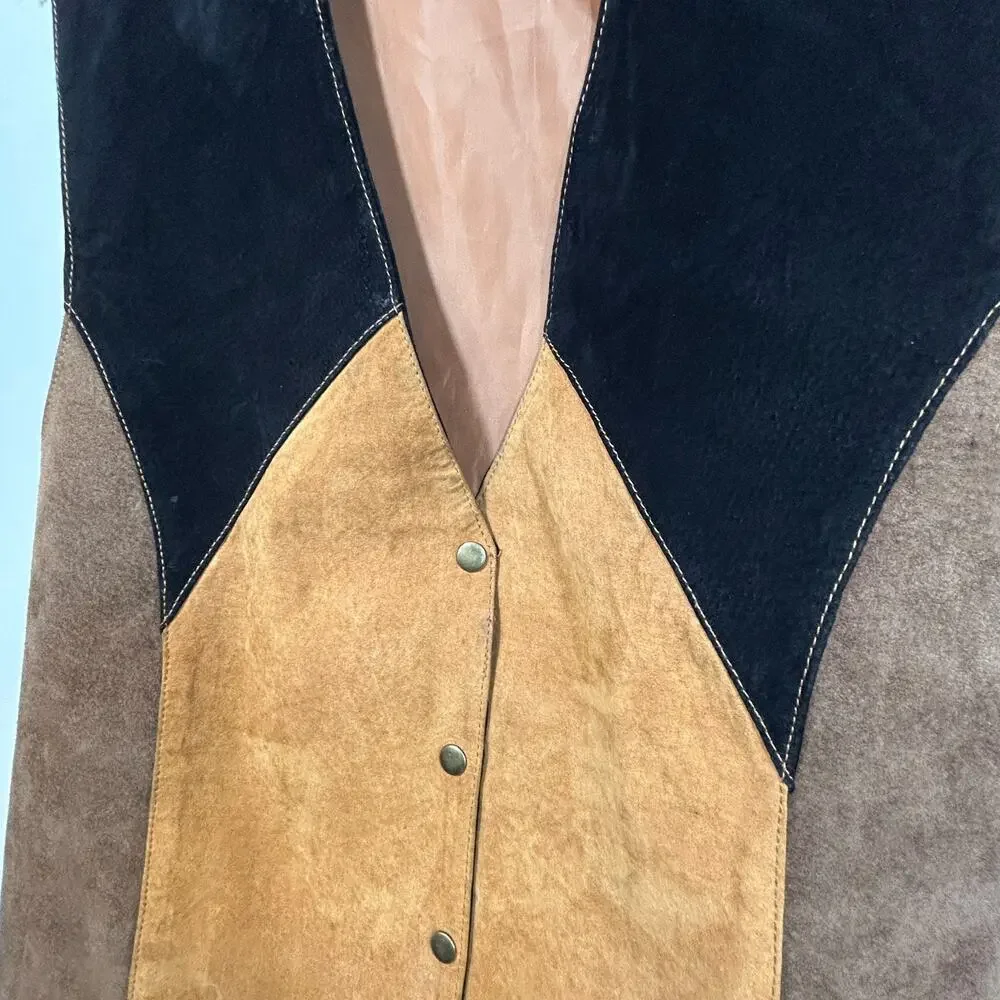 Y2K Vtg Suede Vest Mens L Womens XL Leather Colorblock Western Cowboy Cowgirl